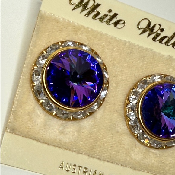 Vintage Rivoli Austrian Crystal Purple and Gold tone large Stud Earrings repair - Picture 7 of 10